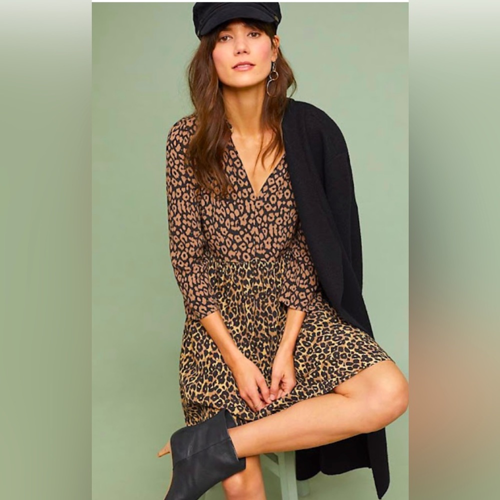 Anthropologie | Maeve 3/4 Sleeve Juno Dropped Waist Leopard Print Mini Dress ZB1